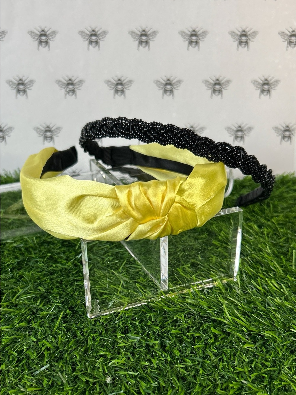 Yellow Satin Knotted Headband and Black Beaded Headband NWOT
